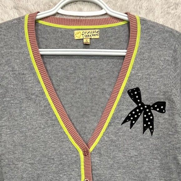 Princess Vera Wang Gray Button Cardigan Sweater Sz S Lace Hem Colorful Trim - Picture 2 of 16